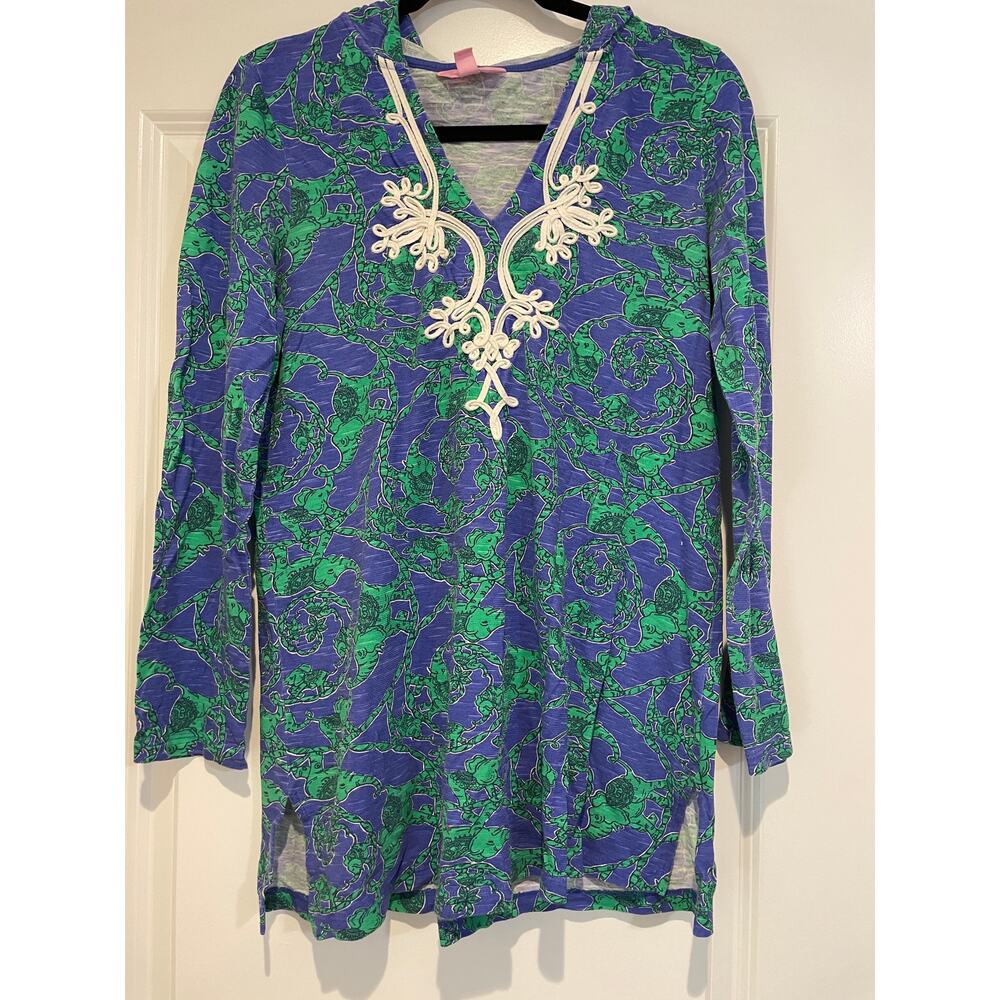 Lilly Pulitzer Blue Green Hooded Tunic Cover Up Cotton Long Sleeve Med - Beach